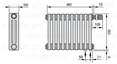 Схема (чертеж) Радиатор Zehnder Charleston 3055/10 №V002 Белый глянцевый RAL 9016